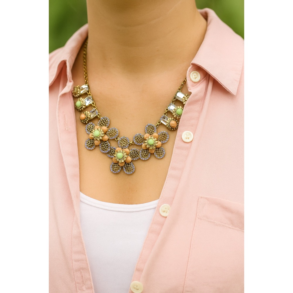 Gold Tone Floral Statement Necklace Boho Vintage‎ Pastel Bib Jewelry Gift